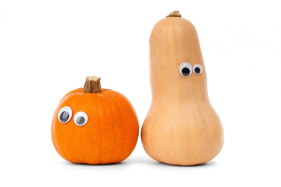 two pumpkin and gourde with artificial eyes, White, Cute, Diet HD wallpaper