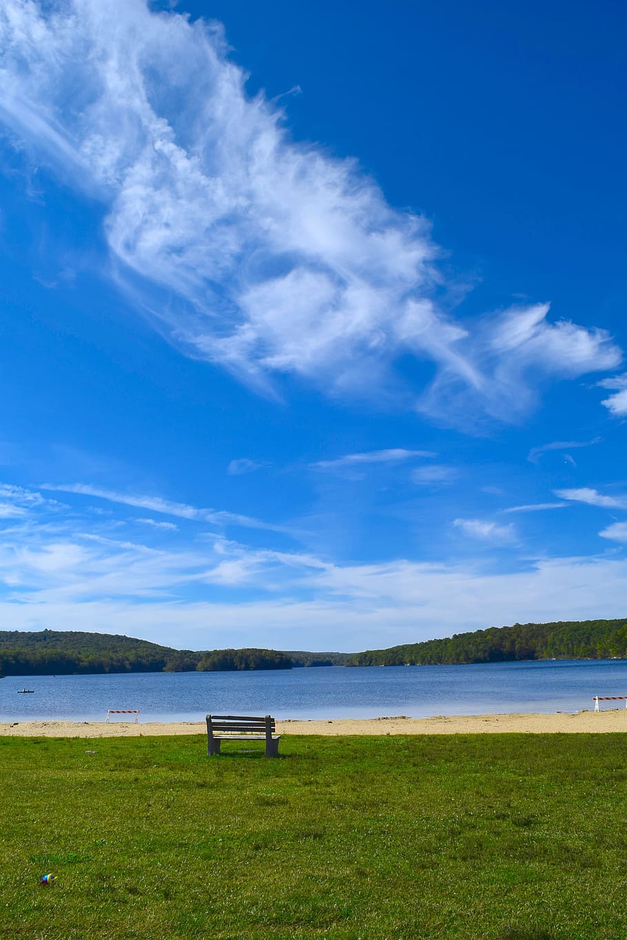 lake, park, bench, landscape, clouds, sky, outdoor, nature HD wallpaper