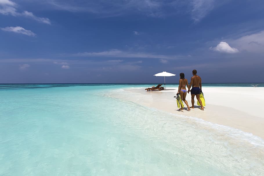 man and woman walking on white sand during daytime, travel, vacation, HD wallpaper