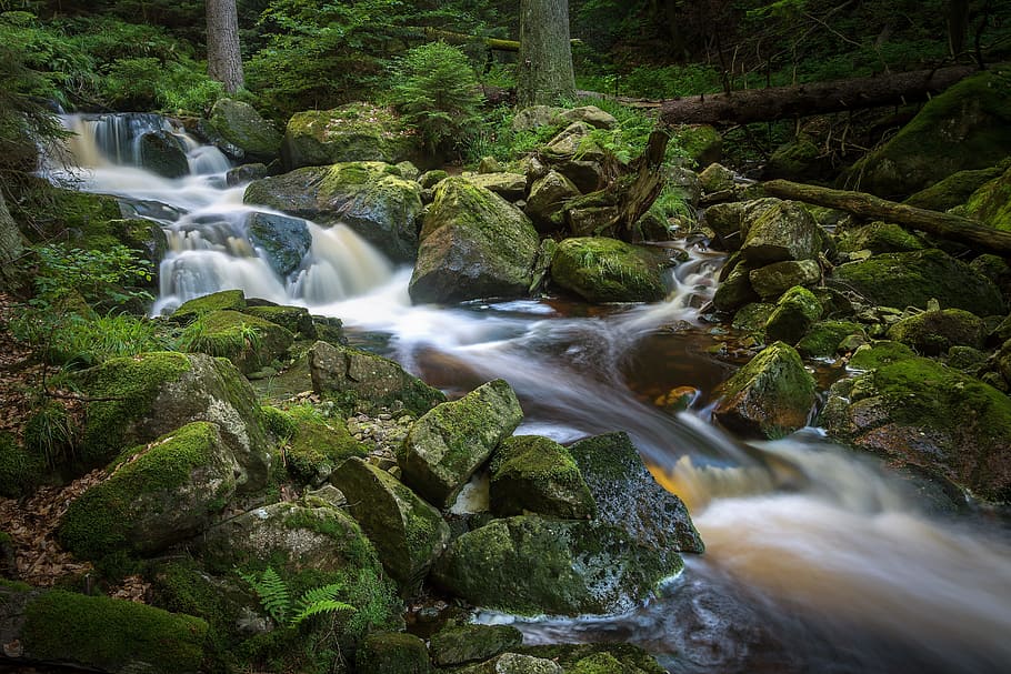 HD wallpaper: river between green grass-covered rocks during daytime ...