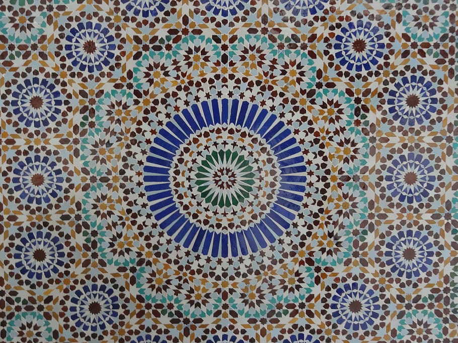 blue, white, and brown floral artwork, mosaic, mosque, geometry, HD wallpaper