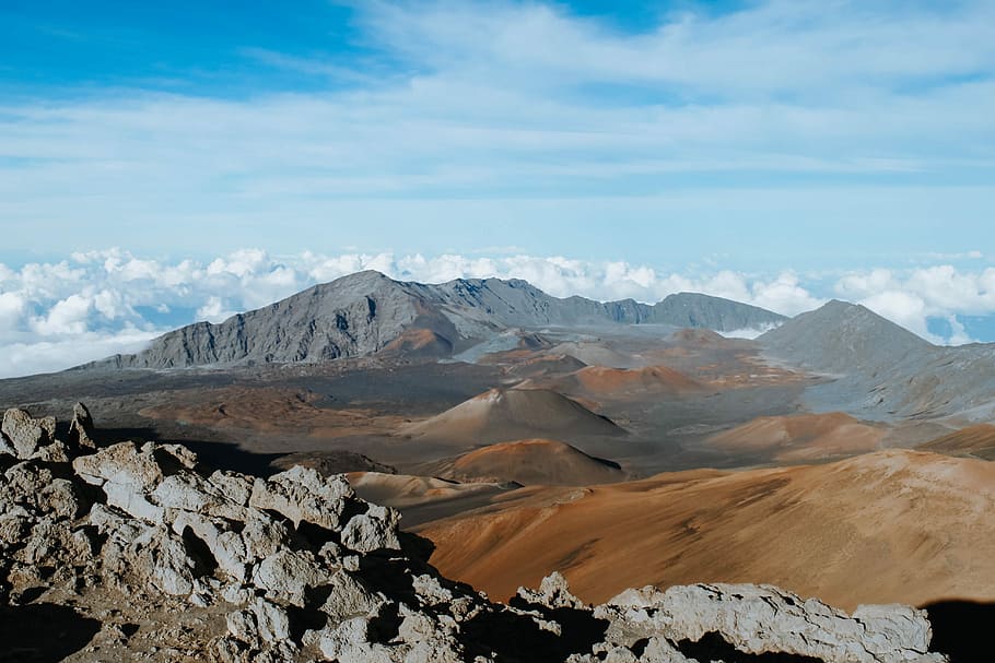 high angle photo of brown mountains, brown and gray mountains during day time HD wallpaper
