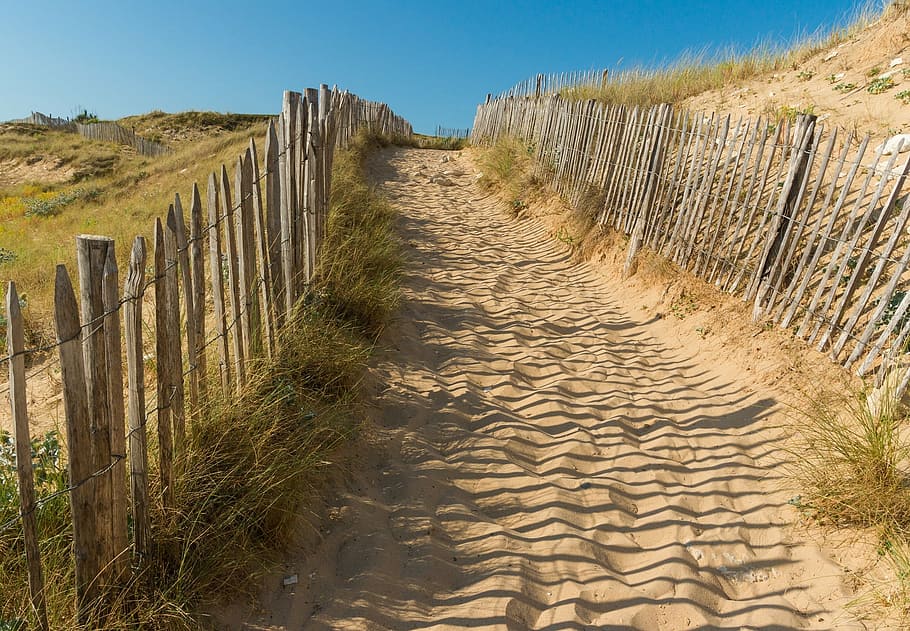 brown sand and brown wooden fence, beach, path, picket fence, HD wallpaper