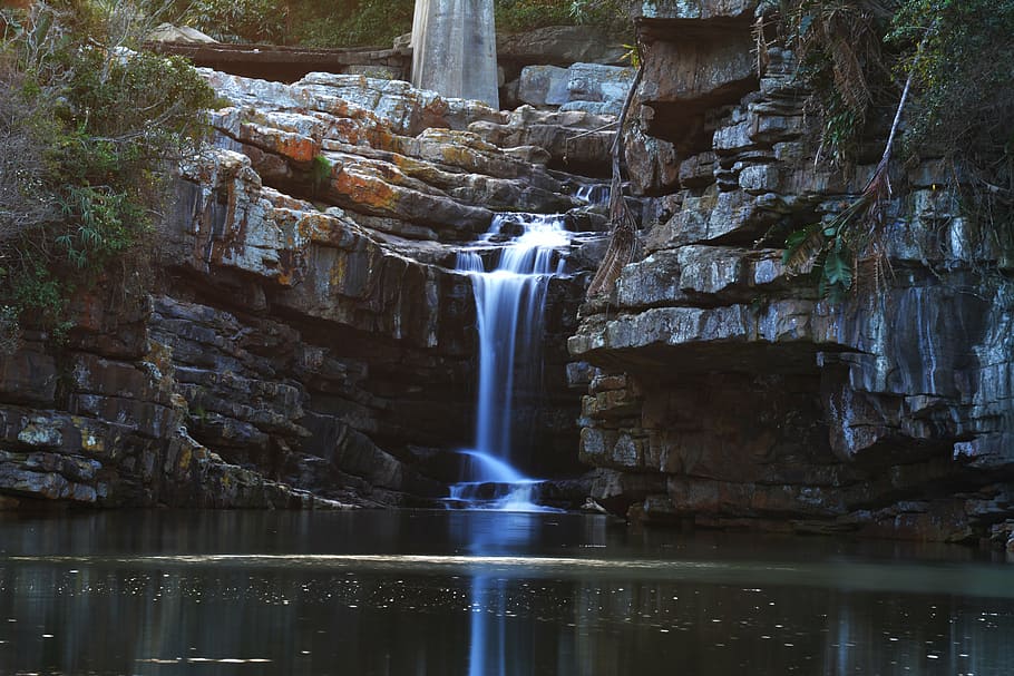 waterfalls during daytime, lagoon, beach, rocks, nature, forest HD wallpaper