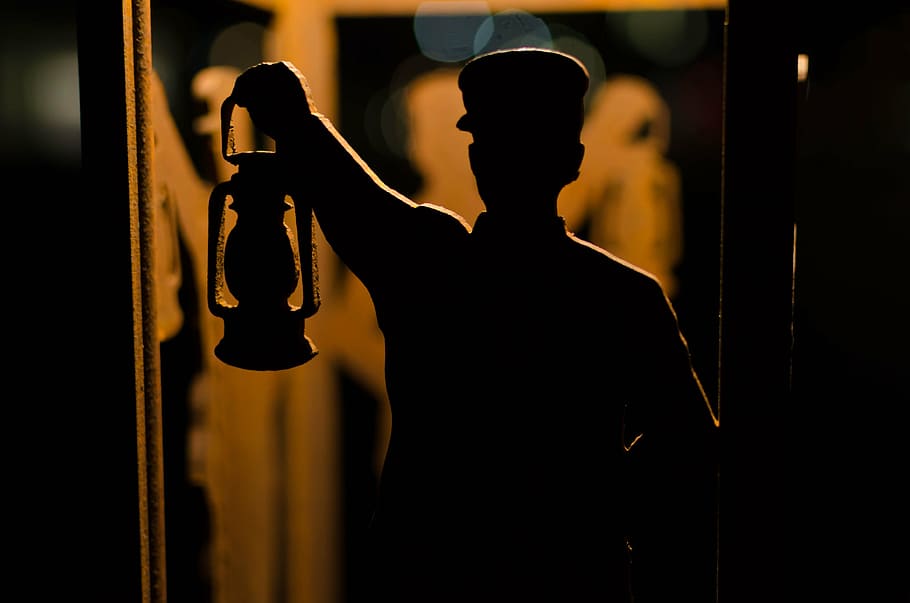 silhouette, lantern, light, back-lit, indoors, holding, adult HD wallpaper