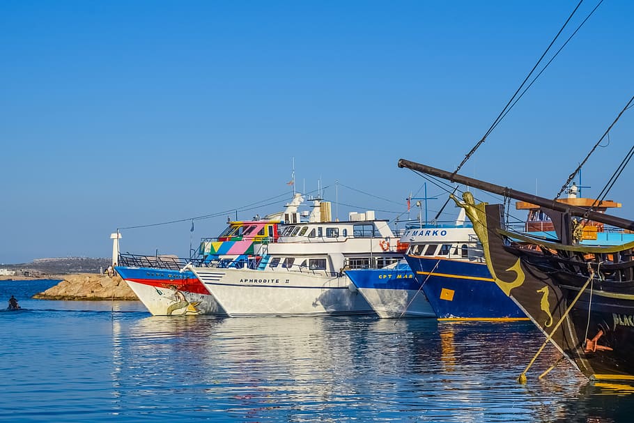 harbor, boats, reflections, sea, ayia napa, cyprus, transportation HD wallpaper