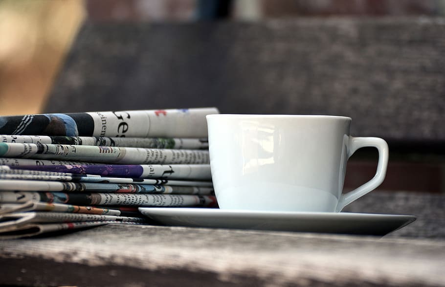 white ceramic teacup on saucer, newspapers, magazines, paper stack HD wallpaper