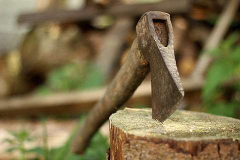 brown axe on tree trunk, old, lumberjack, blade, background HD wallpaper