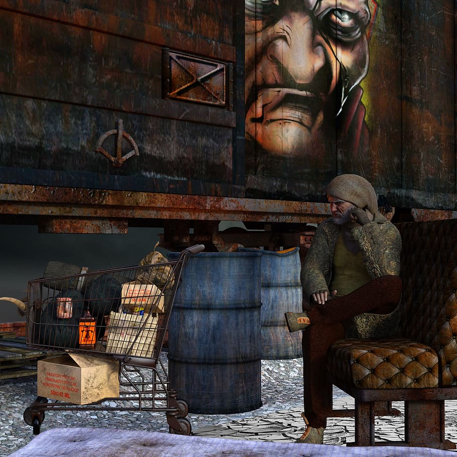 homeless, garbage, train, spray can, shopping cart, human representation HD wallpaper