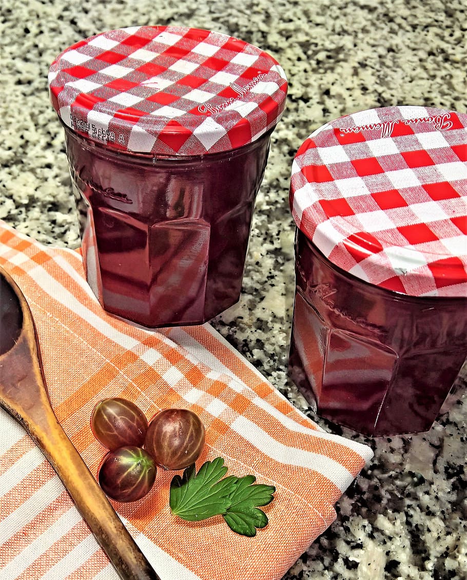 two red metal jars beside of serving spoon, Jam, Gooseberries, HD wallpaper