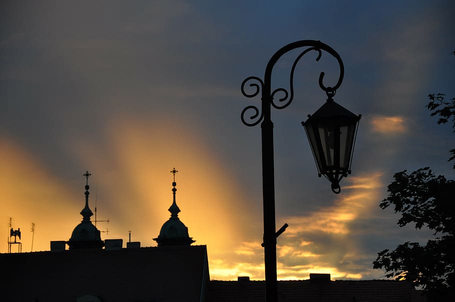 sunset, sky, lantern, buildings, gniezno, poland, architecture HD wallpaper