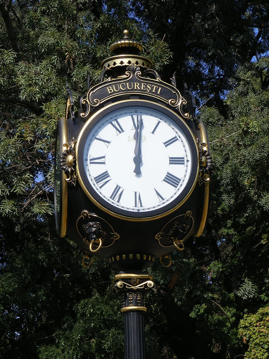art, bucharest, clock, four, gold, herastrau, leaf, sided, street HD wallpaper