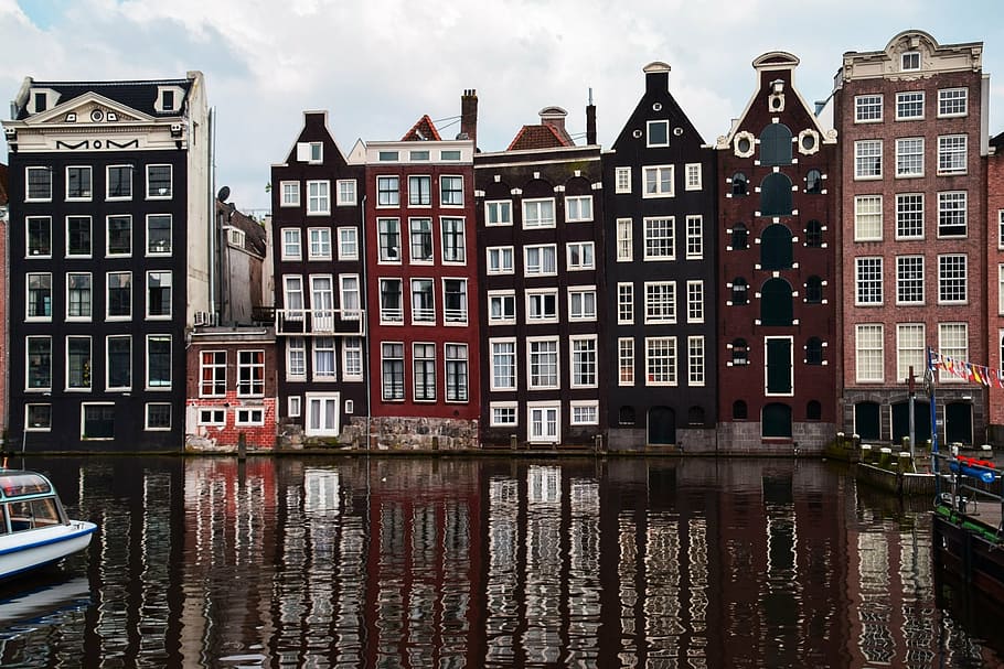 several high-rise buildings, amsterdam, netherlands, city, canal HD wallpaper