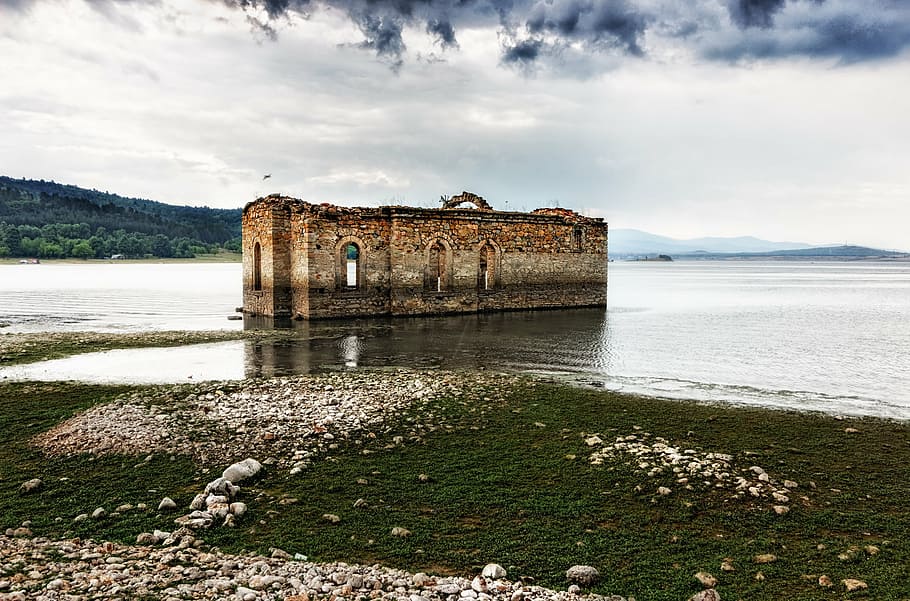 abandoned, architecture, beach, castle, daylight, grass, landscape HD wallpaper