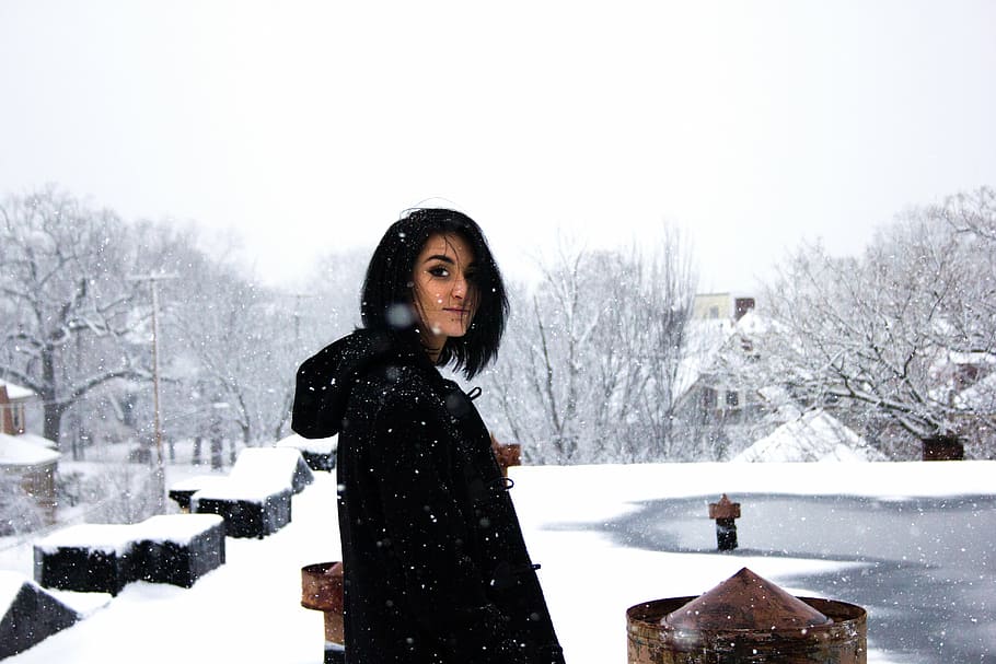 beautiful, cold, model, person, snow, trees, winter, woman HD wallpaper