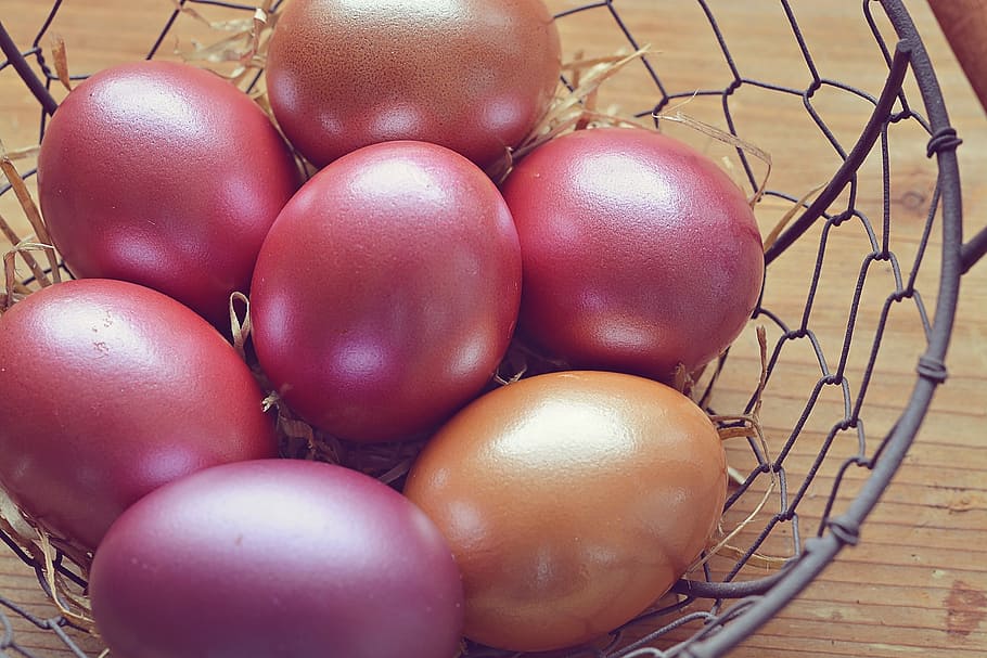 seven pink Easter eggs in basket, color, colored, custom, customs HD wallpaper