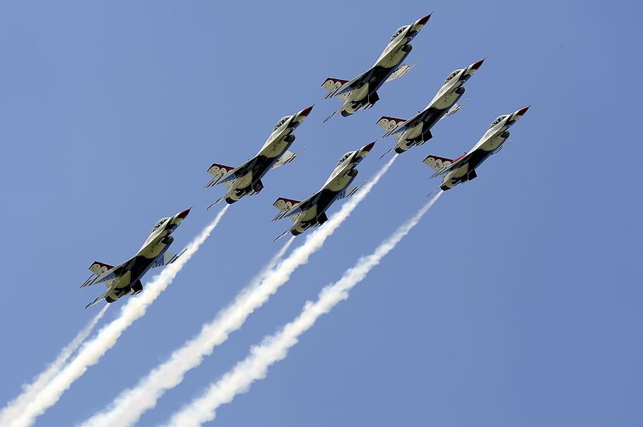 six gray jets leaving white contrails, air show, thunderbirds, HD wallpaper