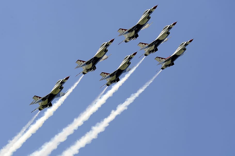 six gray jets leaving white contrails, air show, thunderbirds