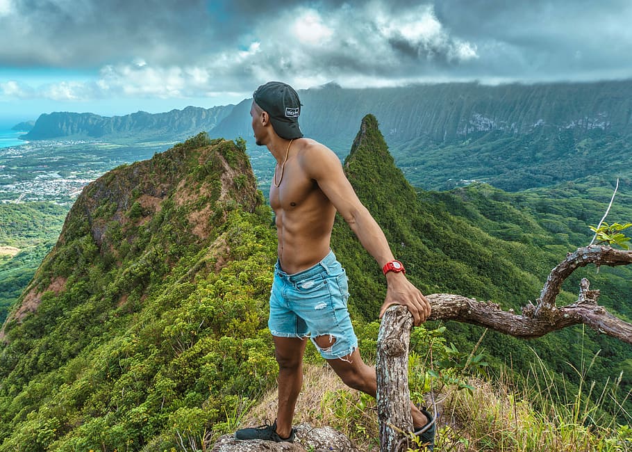man holding unto tree branch, man in blue denim shorts, hike, HD wallpaper