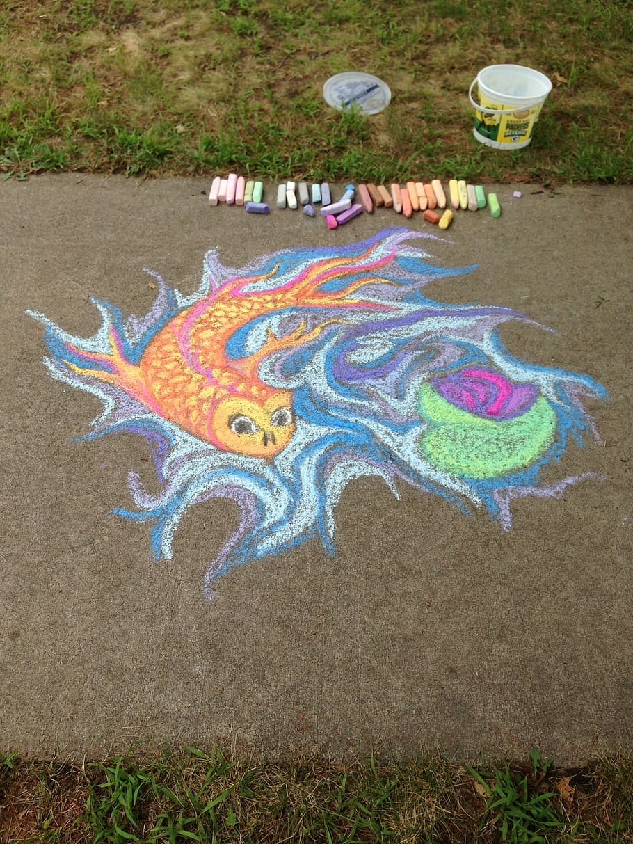 chalk, fish, koi, sidewalk, outside, park, drawing, hand, design HD wallpaper