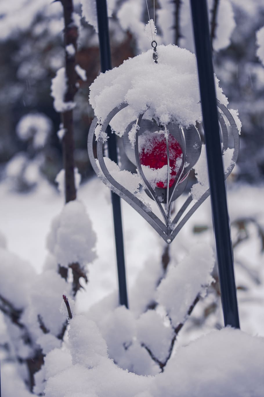 gray and red hanging decor covered with snow, winter, cold HD wallpaper