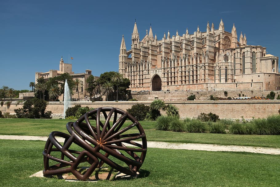 white concrete building near water fountain, mallorca, palma HD wallpaper