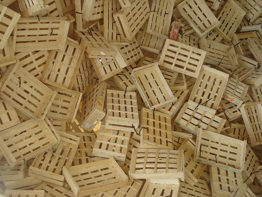 wooden boxes, stack, pile, chaos, full frame, backgrounds, still life HD wallpaper