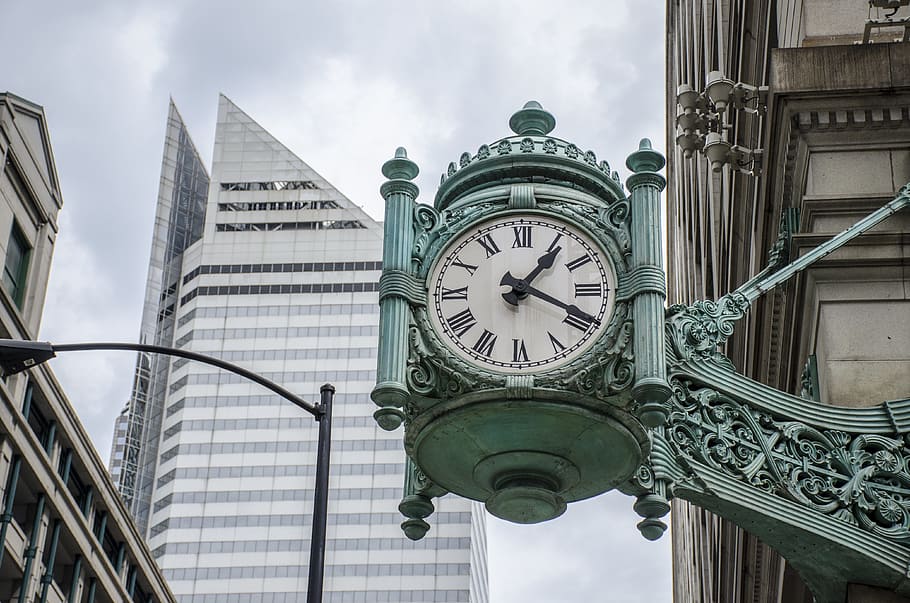 green metal analog clock at 1:20, time, city, building, antique, HD wallpaper