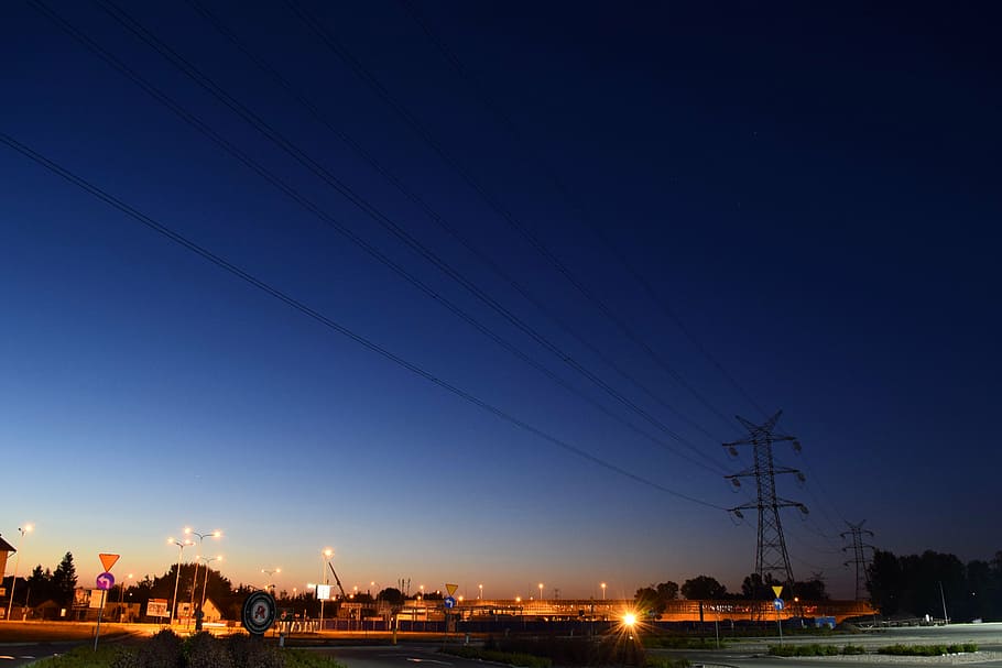 electricity, energy, lights, night, pillar, power lines, sky HD wallpaper
