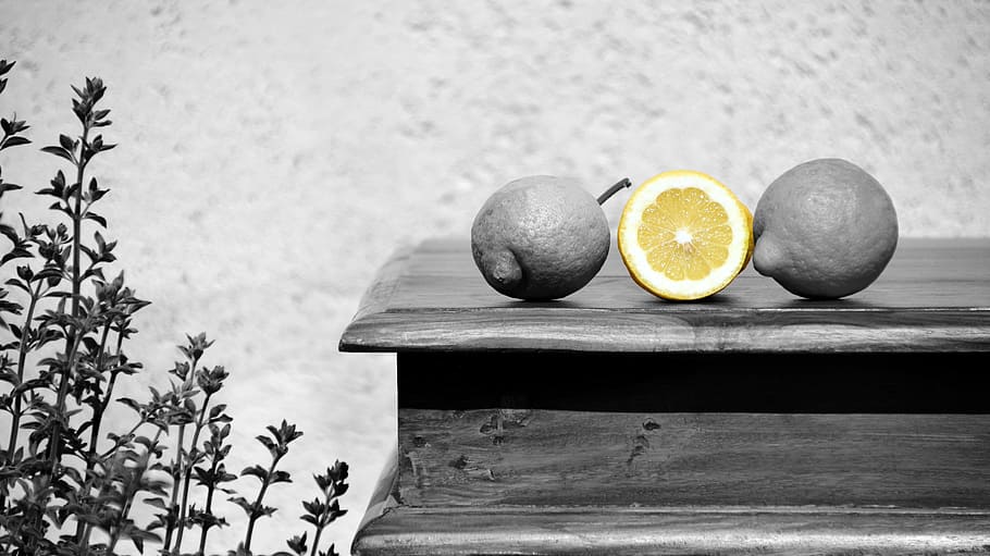selective color photography of sliced lemon, yellow, fruit, sour