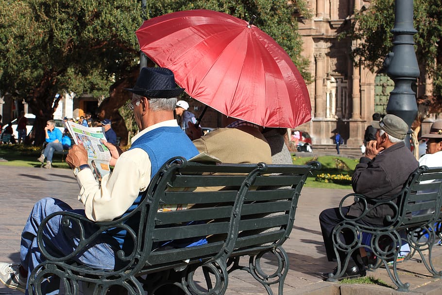 park bench, newspaper, read, human, umbrella, hat, lantern HD wallpaper