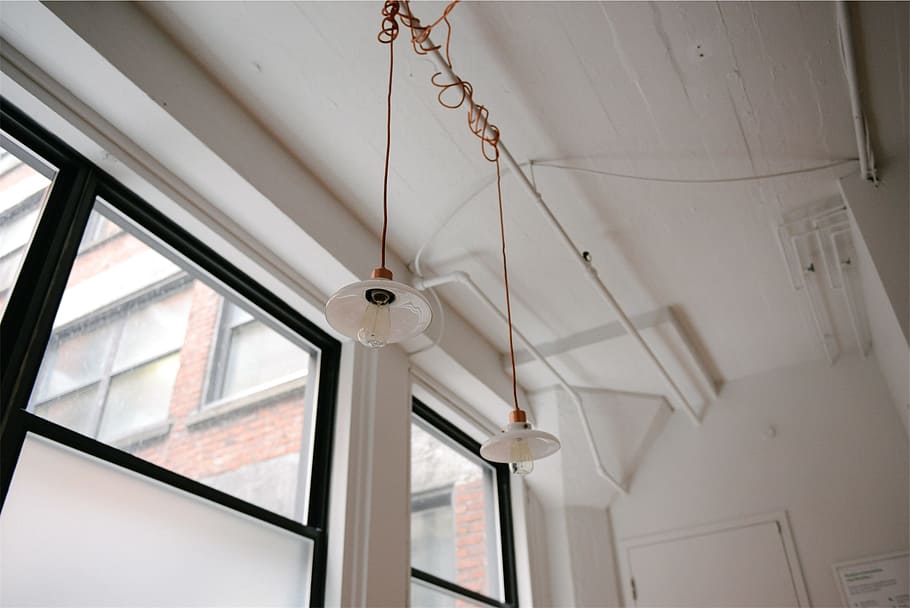 lights, ceiling, windows, hanging, low angle view, indoors HD wallpaper