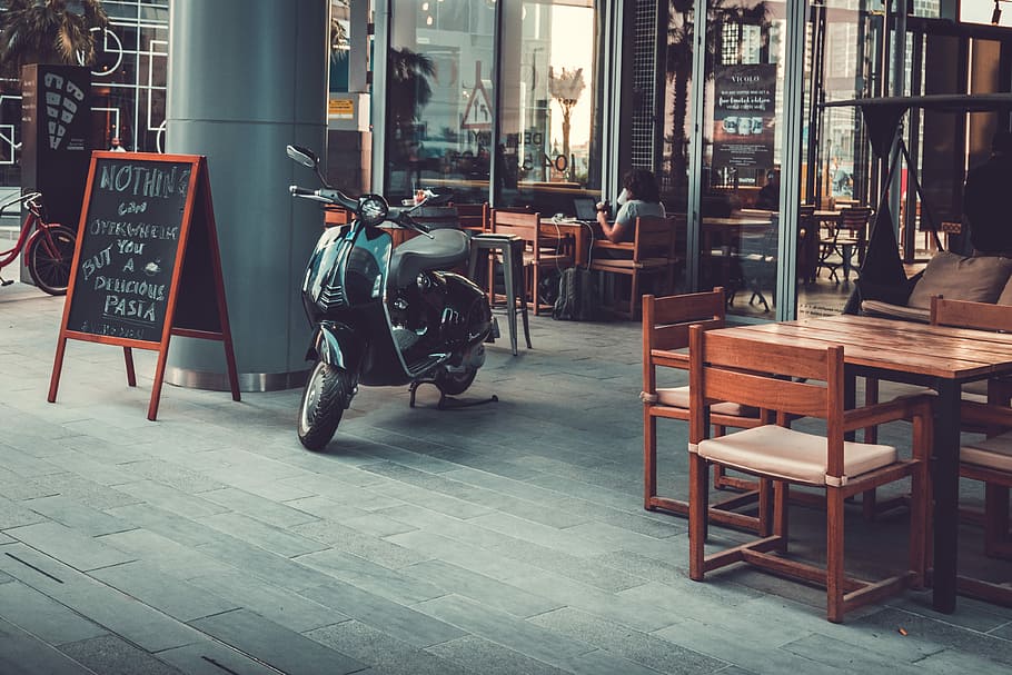Those Silent Moments, grey motor scooter parked near menu board outdoors HD wallpaper