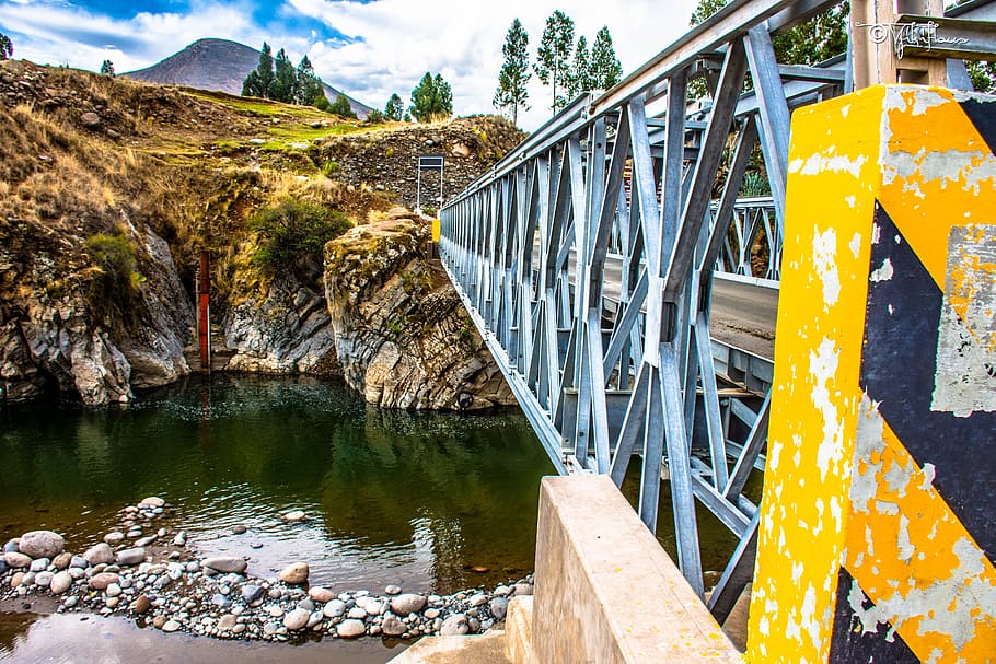 bridge, river, structure, water, connection, nature, day, mountain HD wallpaper