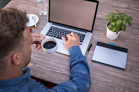 person holding teacup in-front of laptop, Staff, Coffee Break HD wallpaper