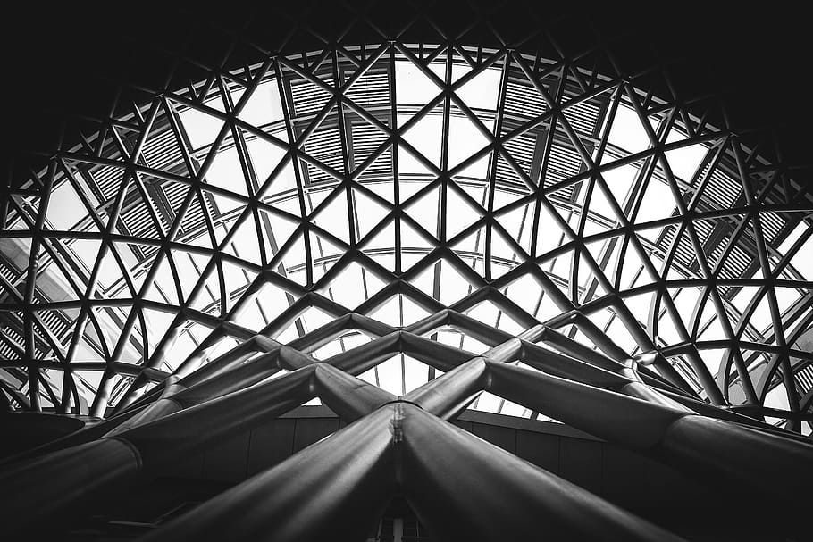 grayscale photo of scaffolding, grayscale photograph of metal structure HD wallpaper