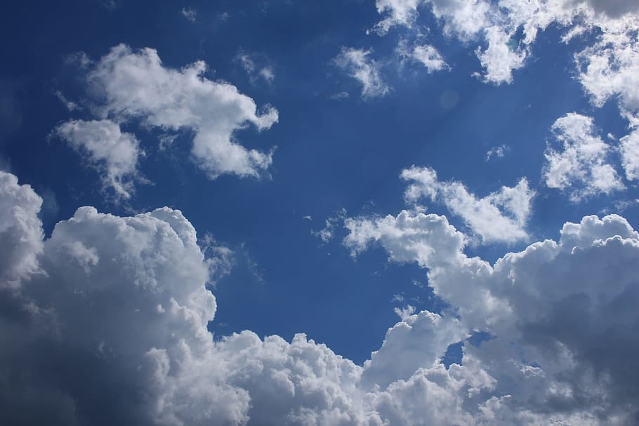 clouds, sky, blue, clouds form, sunny, nature, spotlight, cumulus clouds HD wallpaper