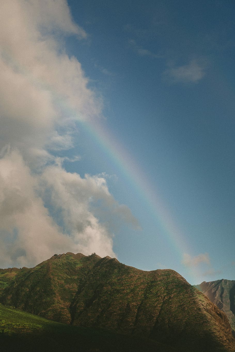 green grass covered mountain photo at daytime, rainbow over mountain HD wallpaper
