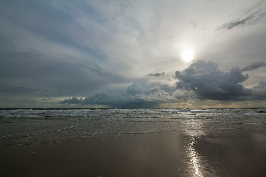 sea, beach, weather, sun, clouds, amrum, kniepsand, coast, sky, HD wallpaper