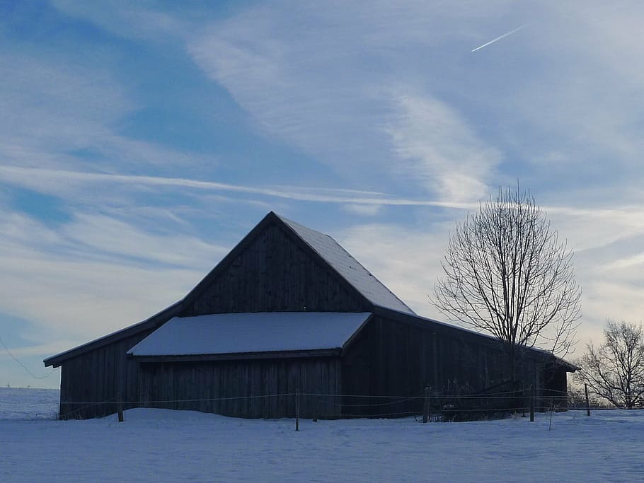 hut, barn, winter, snow, sky, architecture, cold temperature HD wallpaper