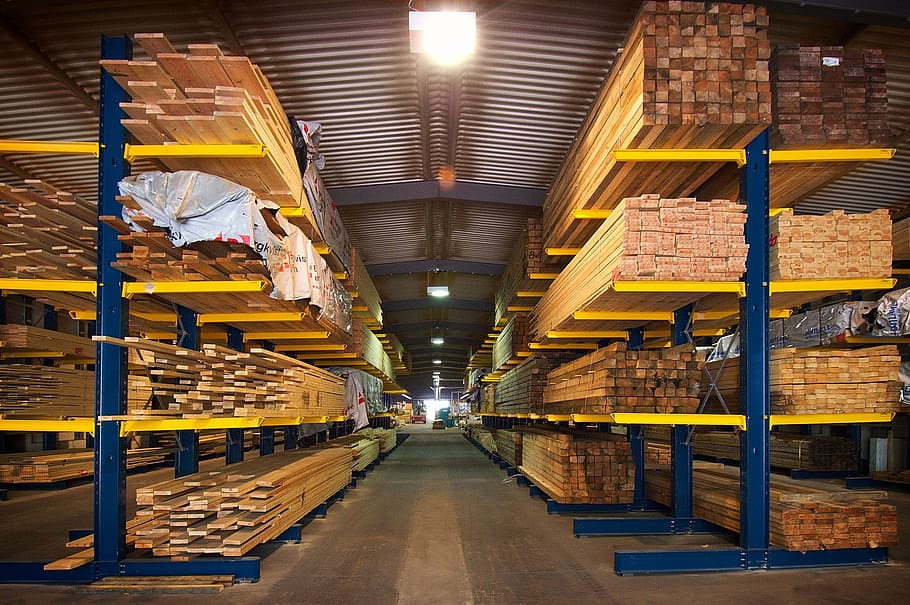 storage warehouse full of wooden planks and bars, timber, sheet products, HD wallpaper