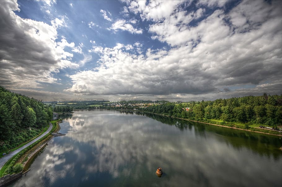 clouds, lake, landscape, sky, water, nature, sunbeam, beautiful HD wallpaper