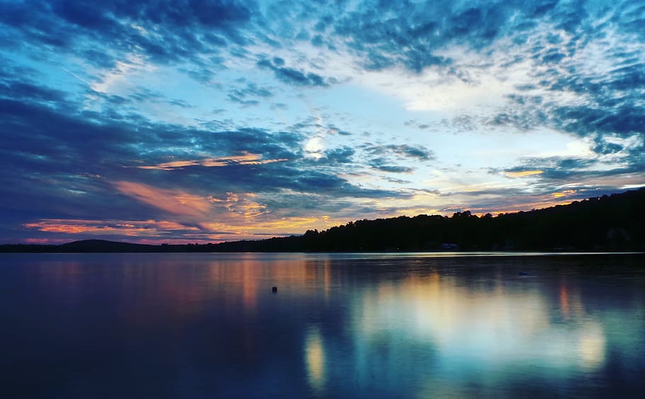 dark, sunset, sunrise, lake, water, nature, clouds, sky, trees HD wallpaper