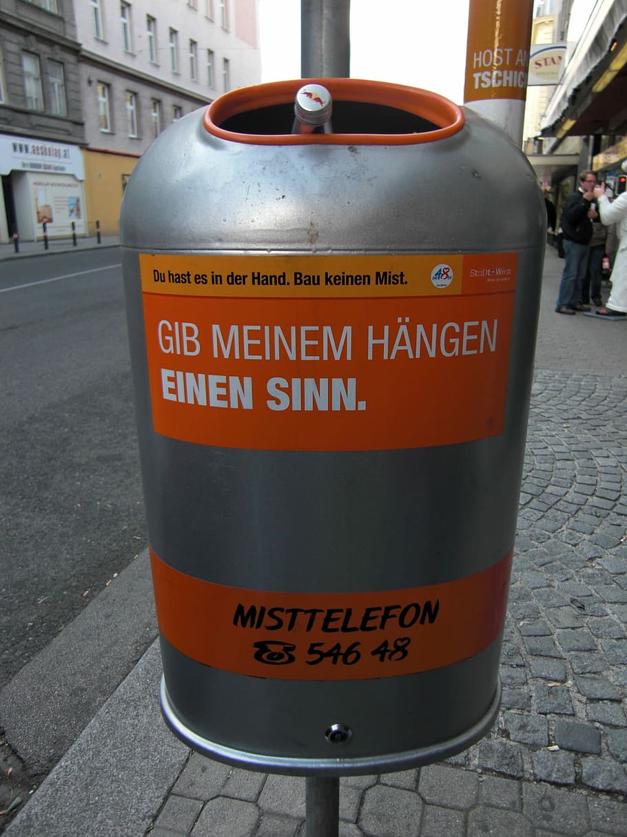 Garbage Can, Vienna, Austria, sense, city cleaning, humor, text HD wallpaper