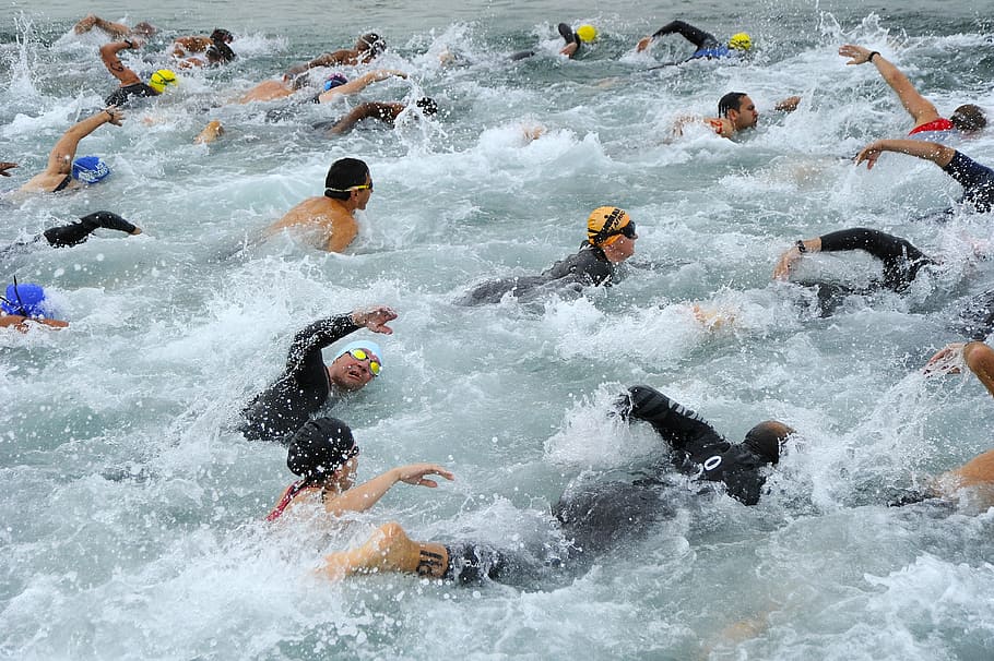 group of people swimming on body of water, bahrain, triathlon