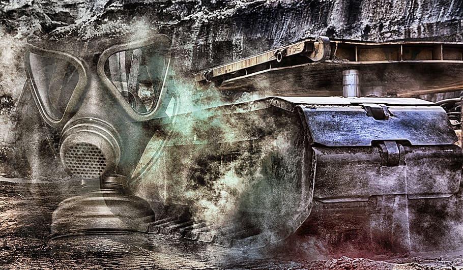 gas mask, bulldozer, brown coal, energy, industrial plant, open pit mining, HD wallpaper