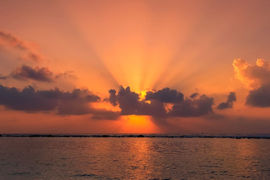 sunset, water, dawn, rays, sky, sea, cloud - sky, scenics - nature HD wallpaper