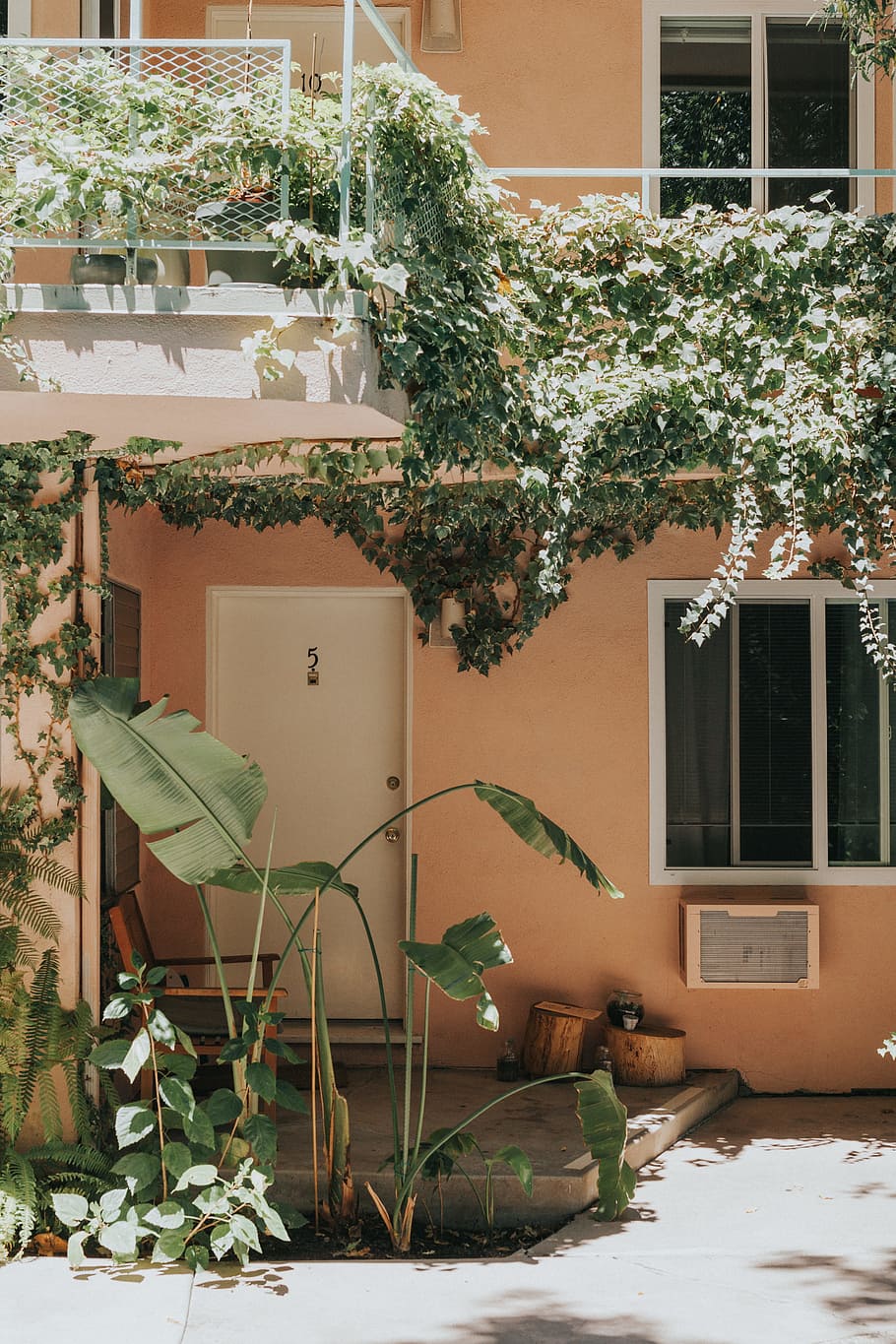 green plants on steel railings, orange 2-storey house surrounded with green leaf plants HD wallpaper
