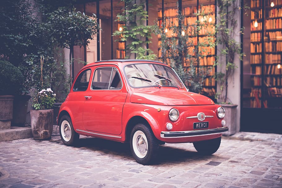 red, car, auto, vehicle, travel, outside, outdoor, park, house HD wallpaper