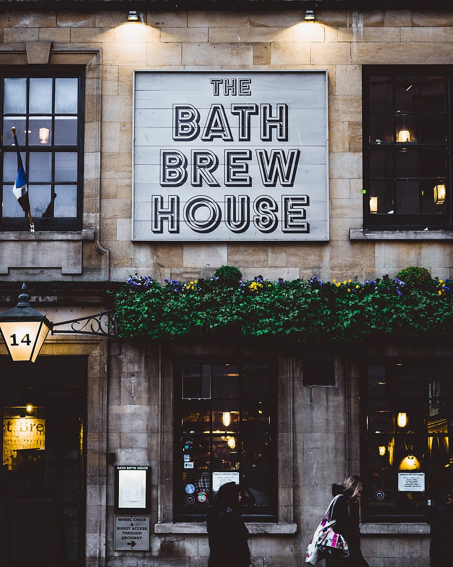 The Bath Brew House signage, woman walking in front of the store HD wallpaper